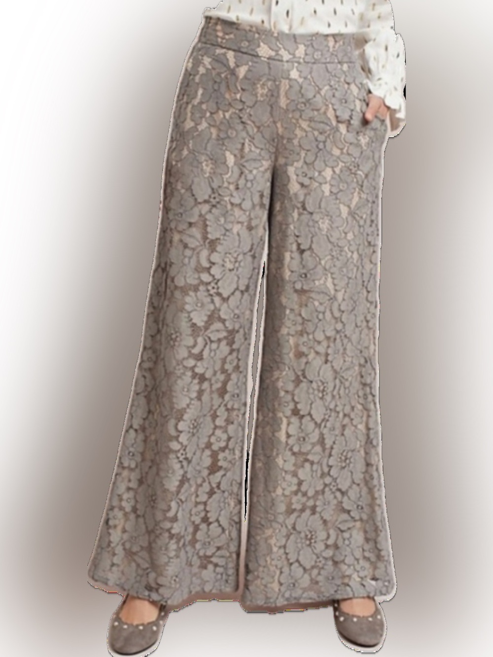 Gray embroidered palazzo over nude lining